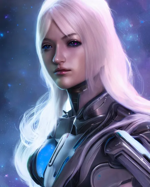 Image similar to perfect android girl on a mothership, warframe armor, beautiful face, scifi, futuristic, galaxy, nebula, raytracing, dreamy, long white hair, blue cyborg eyes, sharp focus, cinematic lighting, highly detailed, artstation, divine, by gauthier leblanc, kazuya takahashi, huifeng huang