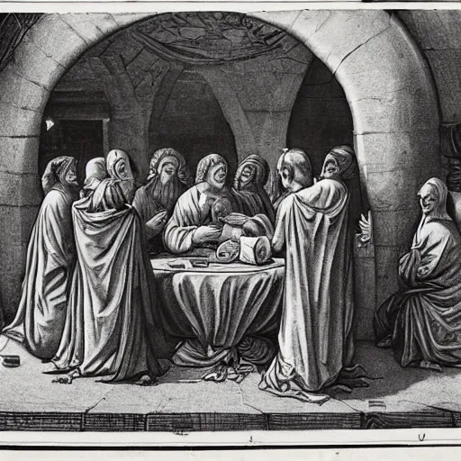 Prompt: A beautiful street art of a group of people standing around a circular table. In the center of the table is a large, open book. The people in the street art are looking at the book with interest and appear to be discussing its contents. Phoenician, nuremberg chronicle by Edward Weston a e s t h e t i c, soothing