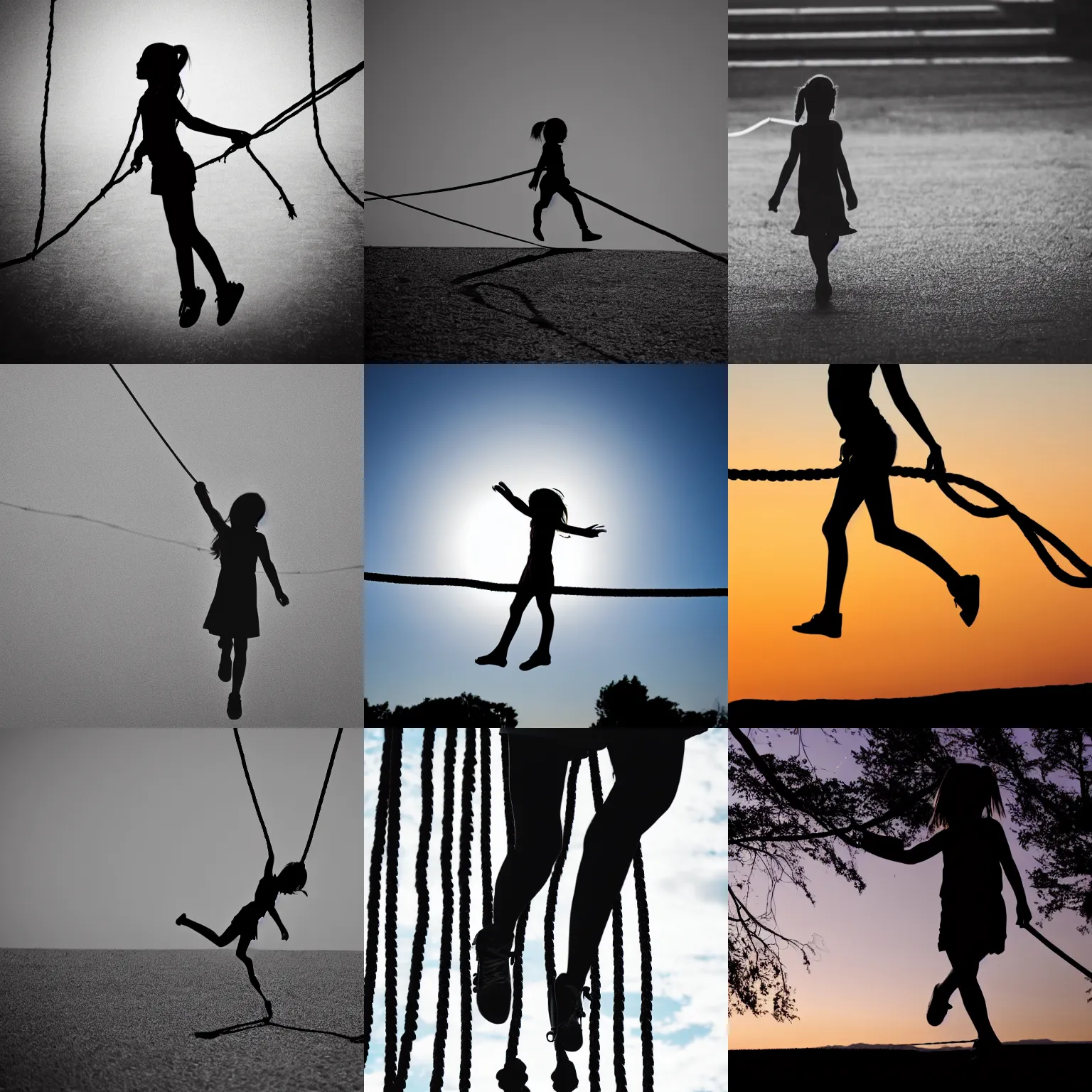 Prompt: girl silhouette walking on a rope