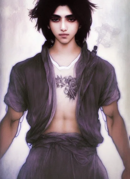 Image similar to beautiful medium shot portrait of a young arabic man inspired by ayami kojima with short hair dressed with a white t - shirt looking into the camera from three - quarters, white background white bank studio light, art by yoshitaka amano, alfons mucha, final fantasy, high quality, 8 k