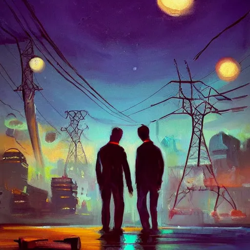 Image similar to a beautiful painting about michael lehr and michael lehr, trending on artstation No-Depressionists michael howe, michael howe, trending on artstation A electricity themed world invented entirely