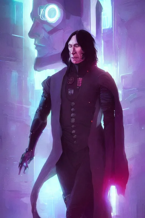 Prompt: portrait of cyborg severus snape in cyberpunk, neon lighting, night city, digital art from artstation by Ruan Jia and Mandy Jurgens and Artgerm and william-adolphe bouguereau and Greg Rutkowski