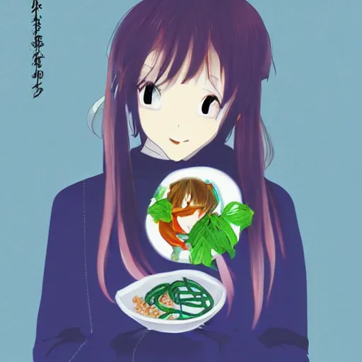 Prompt: a beautiful anime woman eating a bowl of worms, digital art, ghibli, night