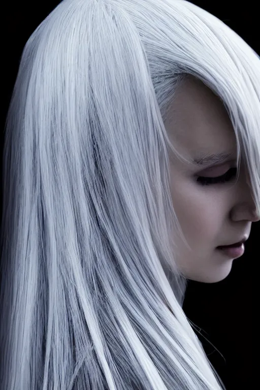 Image similar to beautiful girl with ice white hair wearing long futuristic highly detailed dark cloak designed by yohji yamamoto standing in a shadow of the soft light, soft muted colors, simple shapes, by tim berton, golden ratio, perfect composition, dramatic, medium close - up ( mcu ), cannon ef 6 5 mm f / 2. 8
