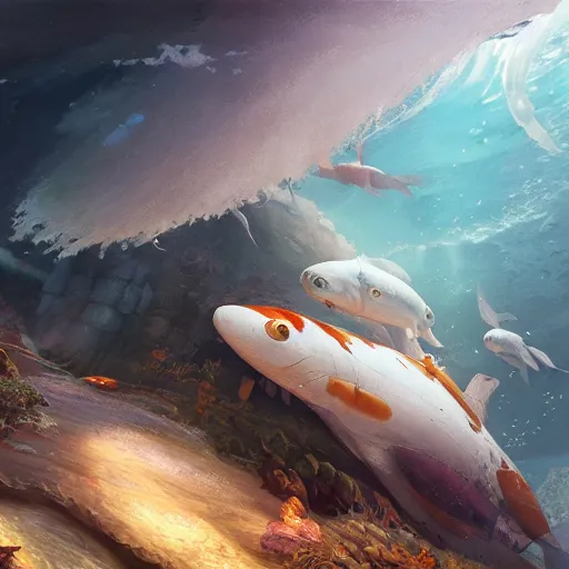 Prompt: subsurface scattering, white, giant submarine, koi colors, koi - free, octane render, jesper ejsing, justin gerard, james jean, tomasz alen kopera, cgsociety, fenghua zhong, makoto shinkai, highly detailed, rim light, art, cinematic lighting, very coherent, hyper realism, 8 k