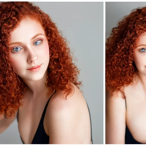 Image similar to Studio photography with professional lighting of a young pretty woman. High detail, soft skin, 8k, curly red hair, smiling, big green eyes