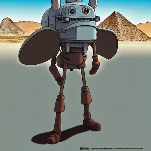 Image similar to a study of cell shaded cartoon of a mechanized grey jackal from howl's moving castle ( 2 0 0 4 ), in front of pyramids on a desert road, full body, wide shot, very muted colors, post grunge, studio ghibli, laurie greasley, highly detailed, deviantart, art by artgem