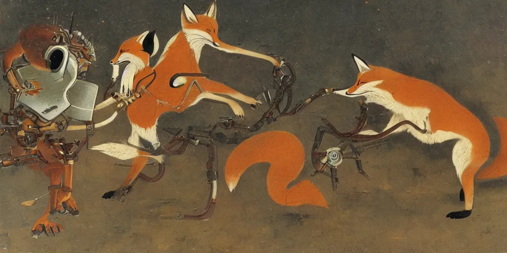 Image similar to anthropomorphic fox fighting a mechanical monster, 1 9 th century painting