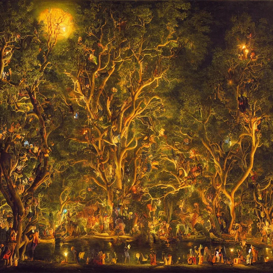 Prompt: a night carnival around a magical tree cavity, with a surreal orange moonlight and fireworks in the background, next to a lake with iridiscent water, christmas lights, folklore animals and people disguised as fantastic creatures in a magical forest by summer night, masterpiece painted by philipp veit, dark night environment