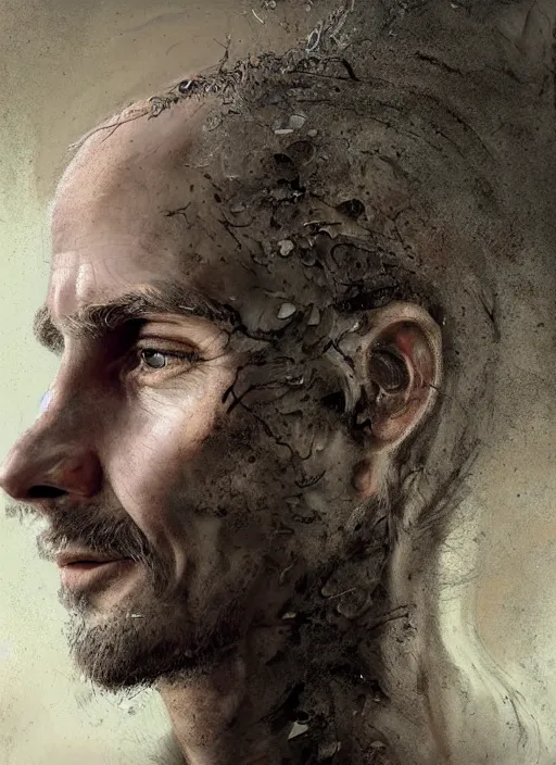 Image similar to a profile portrait of a man with a opening hole into skull showing cobwebs, dust and rats, ( ( ( justin trudeau ) ) ), digital art, highly detailed, by alyssa monks and charlie bowater