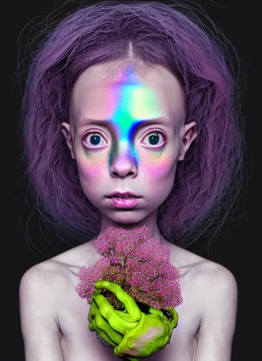 Prompt: hyper detailed 3d render like a Oil painting - kawaii portrait Aurora (a girl with skin like a skeksis from dark crystal that looks like millie bobby brown and Krysten Ritter) seen Eating of the Strangling network of yellowcake aerochrome and milky Fruit and His delicate Hands hold of gossamer polyp blossoms bring iridescent fungal flowers whose spores black the foolish stars by Jacek Yerka, Ilya Kuvshinov, Mariusz Lewandowski, Houdini algorithmic generative render, Abstract brush strokes, Masterpiece, Edward Hopper and James Gilleard, Zdzislaw Beksinski, Mark Ryden, Wolfgang Lettl, hints of Yayoi Kasuma, octane render, 8k