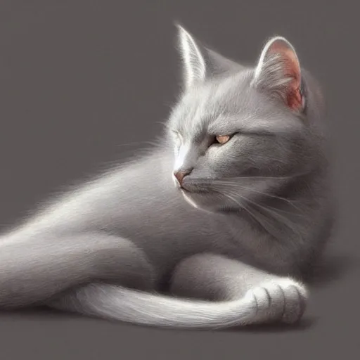 Image similar to a big bored gray cat with long fur and fluffy tail sitting, intricate, elegant, highly detailed, digital painting, artstation, concept art, matte, sharp focus, illustration, art by Artgerm and Greg Rutkowski and Alphonse Mucha