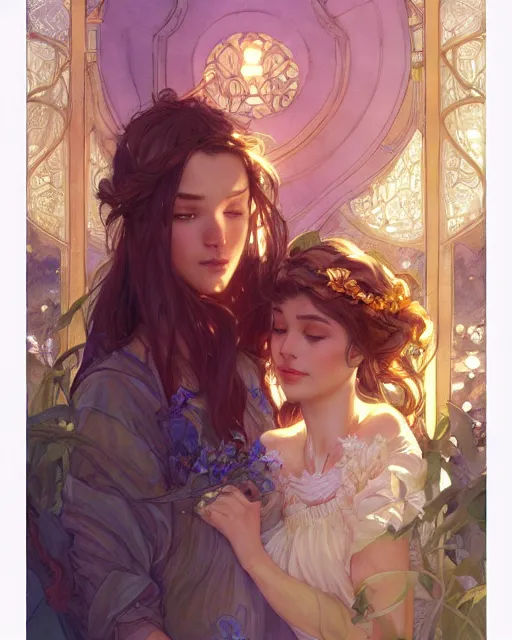 Image similar to secret romance, highly detailed,, gold filigree, romantic storybook fantasy, soft cinematic lighting, award, disney concept art watercolor illustration by mandy jurgens and alphonse mucha and alena aenami, pastel color palette, featured on artstation