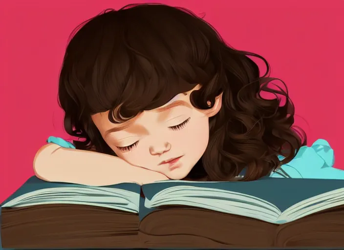 Prompt: a little girl with short wavy curly light brown hair is asleep in pile of books. clean cel shaded vector art. shutterstock. behance hd by lois van baarle, artgerm, helen huang, by makoto shinkai and ilya kuvshinov, rossdraws, illustration, art by ilya kuvshinov