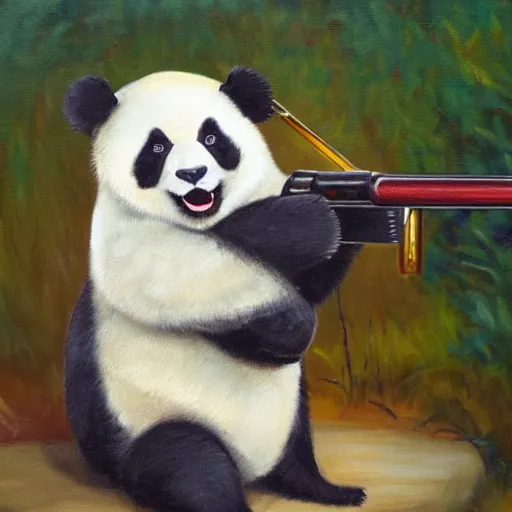 Prompt: an oil painting of a crying panda wearing overalls licking a shotgun