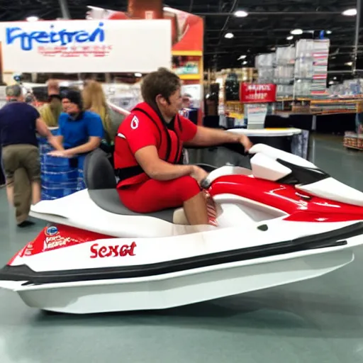 Image similar to hotdog riding a jetski in Costco