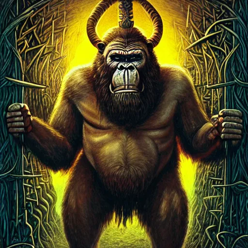 Image similar to barong family member, viking warrior, viking beard, reindeer horns, runic inscription, king kong, gorilla, wiwek, mara demon, one single tribe member, jungle, one single mask, dark, ancient warrior, tribal, inner glow, art by dan mumford and justin gerard and wayne barlowe and bob pepper