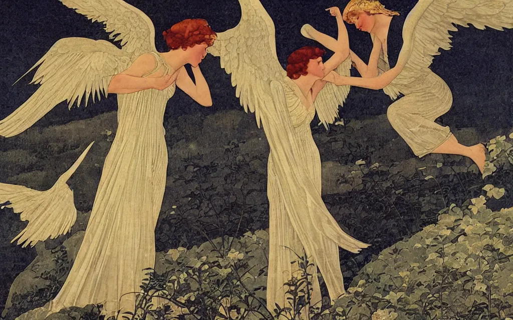 Prompt: vision of angels with a broken wing, trying to fly by coles phillips and carlos schwabe, style of hygge