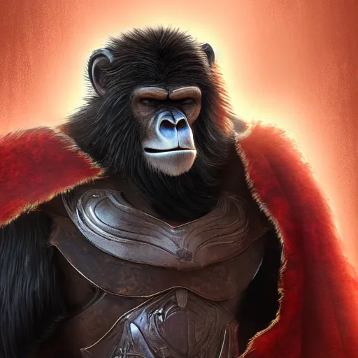 Image similar to fury art, an anthro ape wearing a large cape and a fantasy armor, fiery background, 3 d, 8 k, extremely detailed, trending on furaffinity, trending on artstation, award winning, sharp focus, illustration