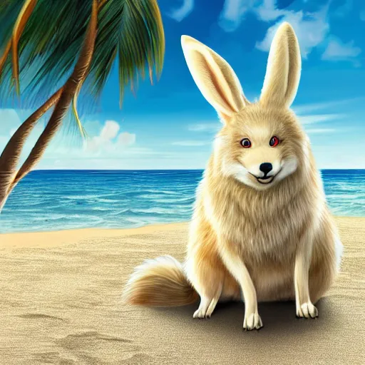 Prompt: a photorealistic adorable zany alluring chubby charming but vicious fennic fox wolf rabbit hybrid, with long floppy rabbit ears, wearing a bow on the top of its head, grinning at the camera with a mischievous look, sharp teeth, happy lighting, at a tropical beach