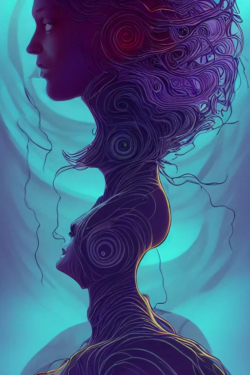 Image similar to 👁👩🏾🌊👾, phantom, dreary, dramatic, fluid, golden ratio, artstation, moebius + loish, hd, long vines,