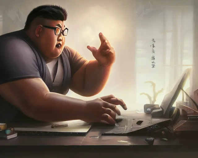 Image similar to an insanely detailed painting of a slightly chubby, nerdy asian man wearing a superhero costume, sitting at a desk, staring at the nervously at the computer and typing, in the style of peter mohrbacher, dramatic lighting and composition, octane render, pixar, trending on artstation, concept art, comic book, view from behind