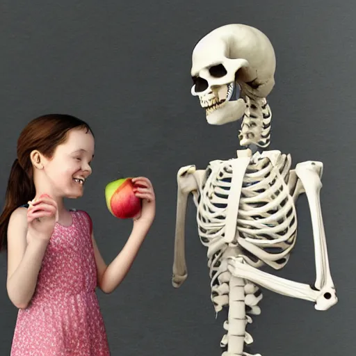 Image similar to a portrait of a little girl feeding an apple to a skeleton horse, the girl looks happy and have bright eyes and a porcelain face, matte painting 3 d watercolour rendering,