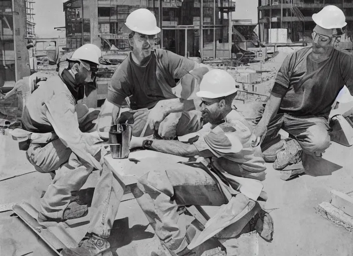 Prompt: construction workers enjoy their lunch break, art by thomas anshutz and paul cadmus and george quaintance