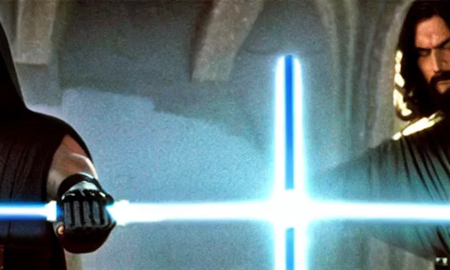 Image similar to full shot photograph of super jesus christ defeating darth vader, using a cross - shaped gold lightsaber, photorealistic, cinematic lighting, extremely detailed, star wars