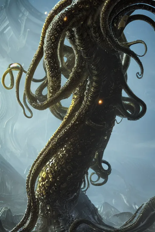 Prompt: giant ancient alien tentacles artwork by yoshitaka amano, black and gold, detailed background, extremely detailed, octane rendering, sharp focus, volumetric light, particles, unreal engine 5, rtx