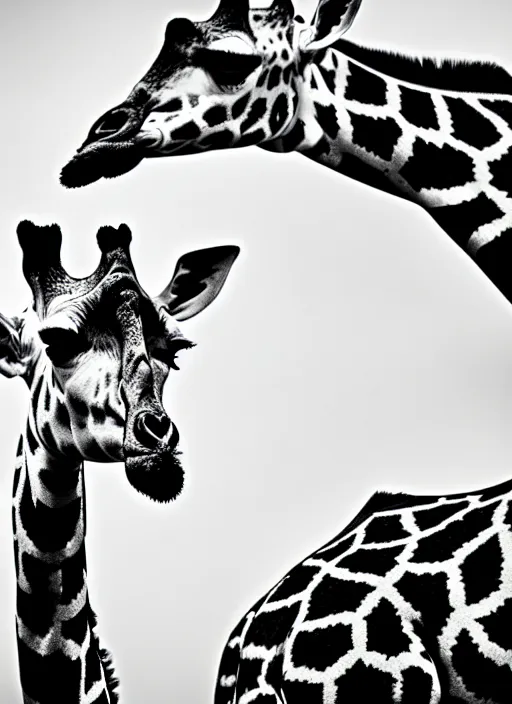 Image similar to two giraffe black and white portrait white sky in background