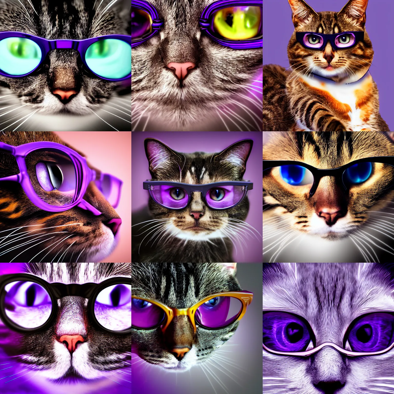 Prompt: closeup portrait of a cat scientist, glasses. purple lighting. fantasy, digital painting, hd, 4 k, detailed.