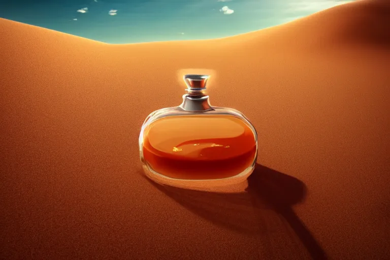 Image similar to perfume bottle buried in a sandy dreamy dune, marmelade orange colors, dramatic, mid day, sand dune background, large scale, hyperrealistic, lots of detail, realistic lighting, octane render, by wlop, artgerm, trending on artstation