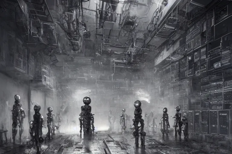 Prompt: gloomy colossal ruined server room in datacenter by eddie mendoza blender robot figure automata headless drone robot knight welder posing pacing fixing soldering mono sharp focus, emitting diodes, smoke, artillery, sparks, racks, system unit, motherboard, by rutkowski artstation hyperrealism cinematic dramatic painting concept art of detailed character design matte painting