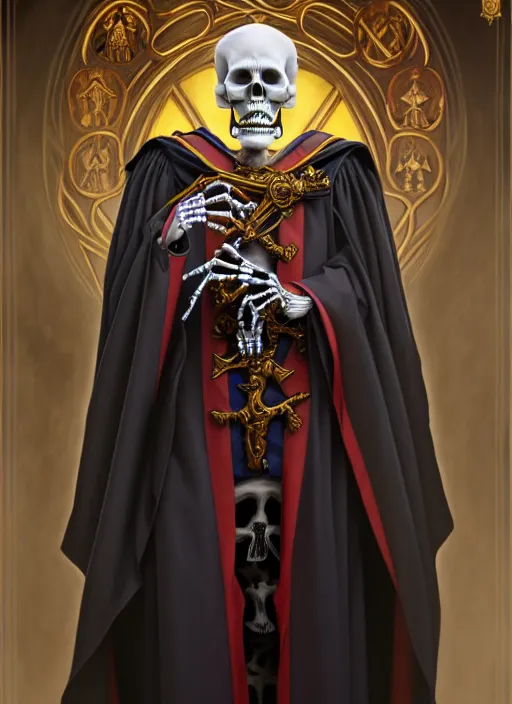 Prompt: undead skeleton king, wearing an academic gown, regal, tarot card, highly detailed, deep focus, elegant, digital painting, smooth, sharp focus, illustration, ultra realistic, 8 k, art by artgerm and alphonse mucha and greg rutkowski