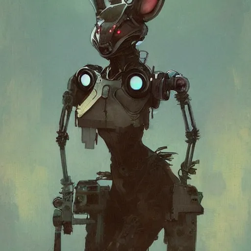 Image similar to grungy rabbit hare that is half robot illustration by greg rutkowski, thomas kindkade, alphonse mucha, cyborg bunny, norman rockwell. Trending on artstation.