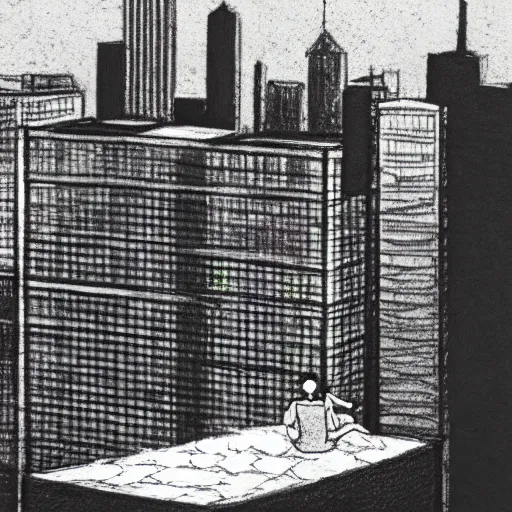 Prompt: a pencil sketch of 2 people sitting on the edge of a building looking away from the camera, tall rectangular buildings in the background, planes flying overhead