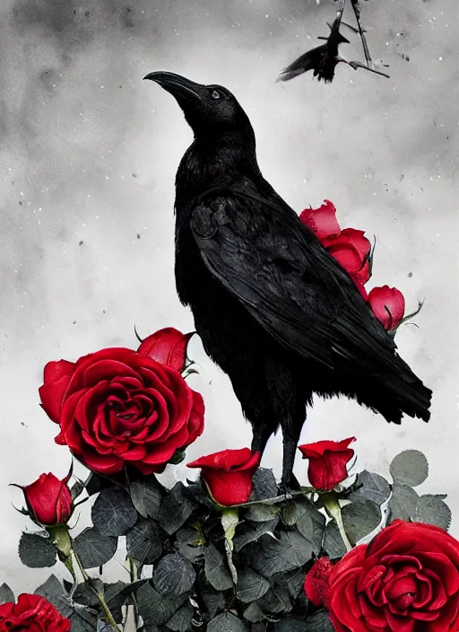 Image similar to portrait, A proud crow with red eyes in front of the full big moon, book cover, red roses at the top, red white black colors, establishing shot, extremly high detail, foto realistic, cinematic lighting, pen and ink, drawing, by Yoshitaka Amano, Ruan Jia, Kentaro Miura, Artgerm, post processed, concept art, artstation, matte painting, style by eddie mendoza, raphael lacoste, alex ross