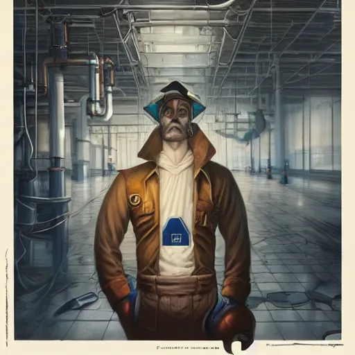 Image similar to beautiful plumber posing in factory, portrait, perfect symmetrical eyes, cinematic by peter mohrbacher, detailed, hyperrealism