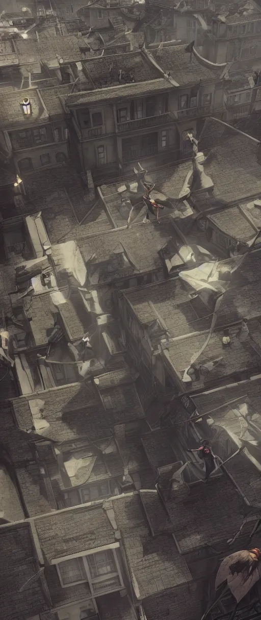 Image similar to lelouch lamperouge and asuka langley running on the roofs in dishonored town, dunwall city, redshift render, cinematic lighting, rainy weather, melancholy atmosphere, dunwall city, volumetric light, octane render, dishonored game, dishonored 1, gothic architecture, atmosphere of depression and despair