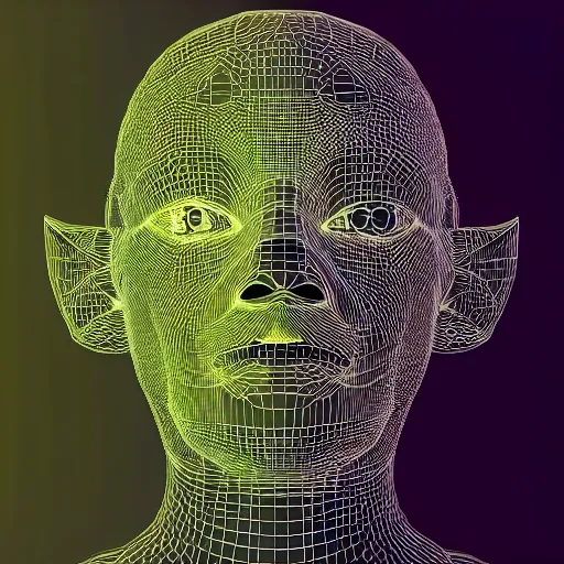 Image similar to three dimensional portrait of a elf inspired by data - driven art, generative, coding, particle waves, spirals