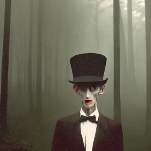 Prompt: uncanny creepy skinny 8 foot man lurking in the foggy forest with a tophat and glowing eyes, 3 5 mm photograph, vintage photo, historical archive, award winning, full body