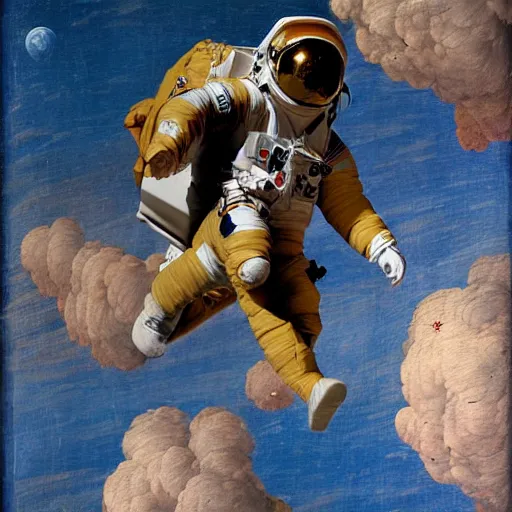 Image similar to an astronaut floating in space, in the style of a renaissance painting