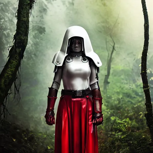 Image similar to a young female soldier wearing blood-spattered glossy sleek white dinged scuffed armor and a long torn red cape, standing in a rainy jungle, heroic posture, determined expression, elegant, battle weary, no helmet, dramatic lighting, cinematic, sci-fi, hyperrealistic, detailed