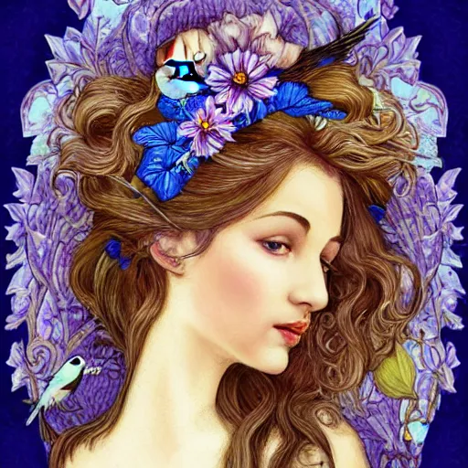 Image similar to realistic detailed face portrait of a beautiful woman with flowers in her hair and a blue jay nesting in her hair by jenny savilla, michael c hayes, fairytale, art nouveau, victorian, character concept design, smooth, extremely sharp detail, finely tuned detail, story book design, storybook layout