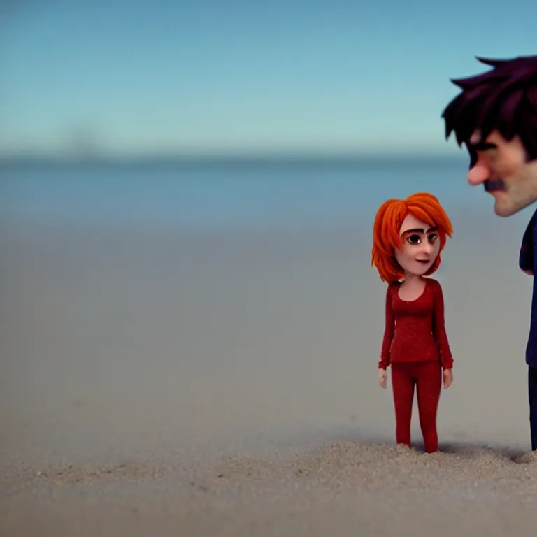 Image similar to a cinematic film still of a claymation stop motion film eternal sunshine of the spotless mind joel and clementine on the beach, shallow depth of field, 8 0 mm, f 1. 8