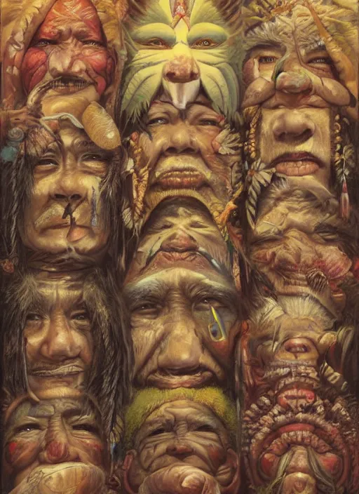 Image similar to faces of indigenous amazonian grandfathers and grandmothers spirits in the clouds, smiling, protection, benevolence, ancestors, detailed faces, hindouist art, religious painting, art by christophe vacher