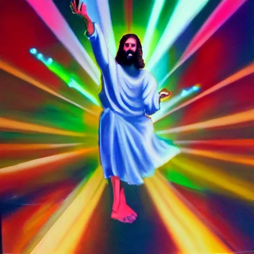 Prompt: oil painting of Jesus dancing drunk at a club, RGB floor, lasers, motion blur