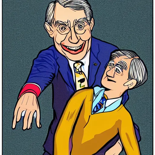 Prompt: mr. rogers being physically overpowered by an evil puppet, detailed horror illustration