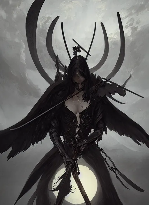 Image similar to a portrait of a beautiful angel of death with black wings holding a large scythe by marco bucci and greg rutkowski, sharp focus, detailed, cinematic, closeup